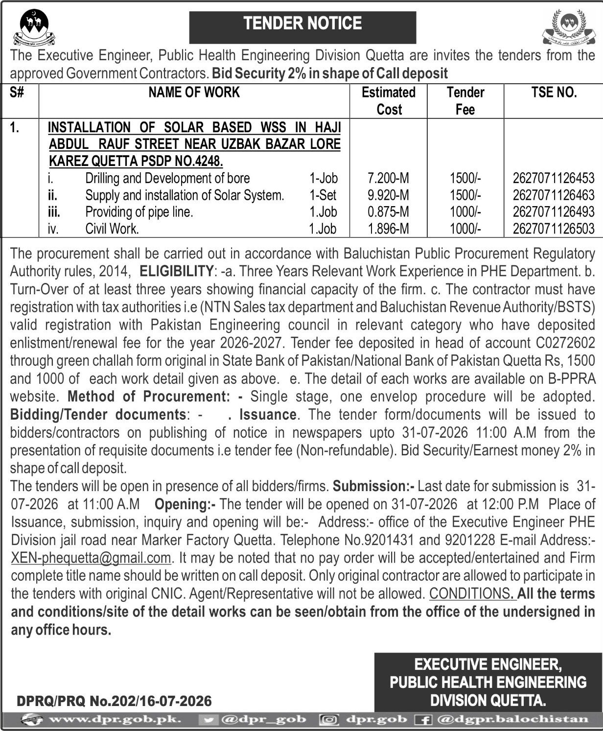 Tender Notice – Installation of Solar-Based Water Supply System (WSS) at Haji Abdul Rauf Street, Quetta (PSDP No. 4248)