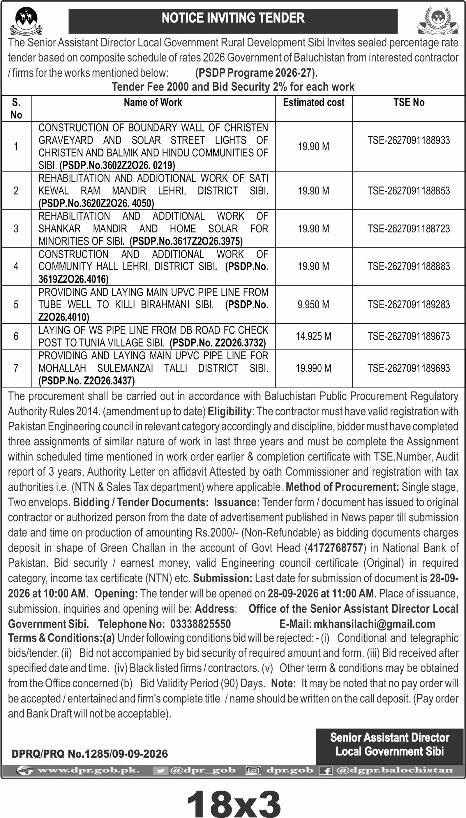 NOTICE INVITING TENDER