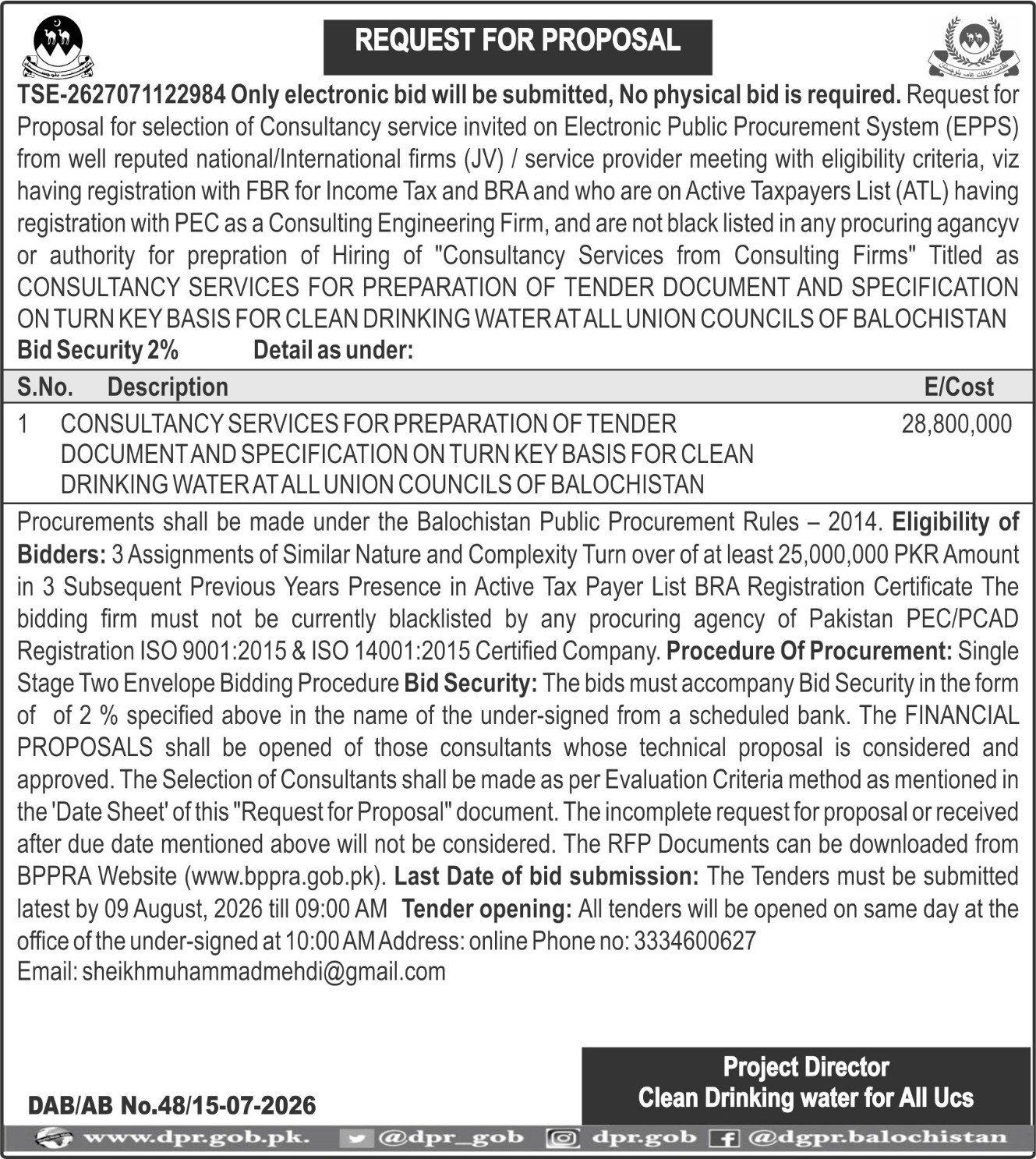Request for Proposal (RFP) – Consultancy Services for Clean Drinking Water Project Across All Union Councils of Balochistan