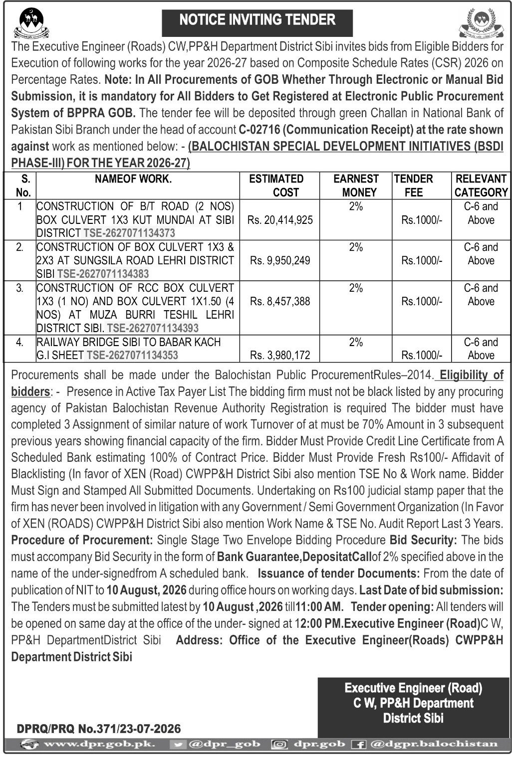 Notice Inviting Tender – Road & Culvert Construction Projects in District Sibi (BSDI Phase-III 2026–27)