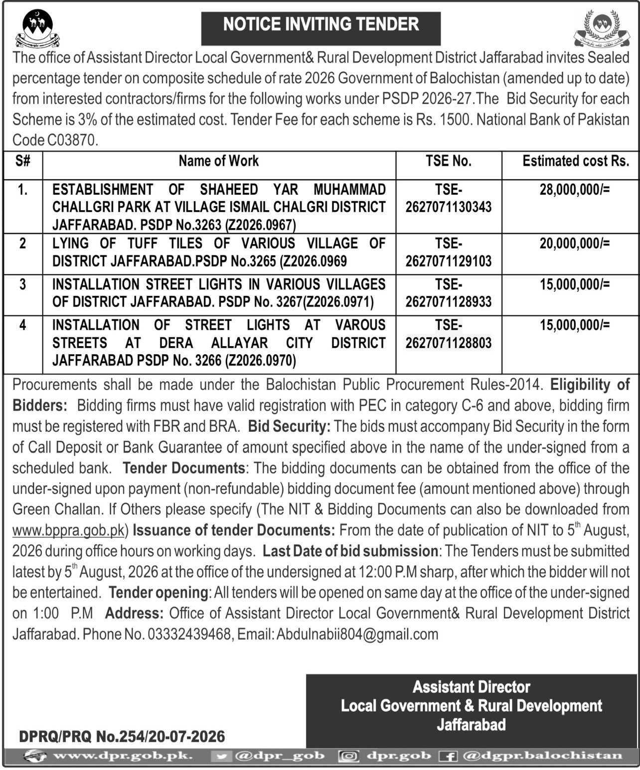Notice Inviting Tender – Development & Infrastructure Projects in District Jaffarabad (PSDP 2026–27)