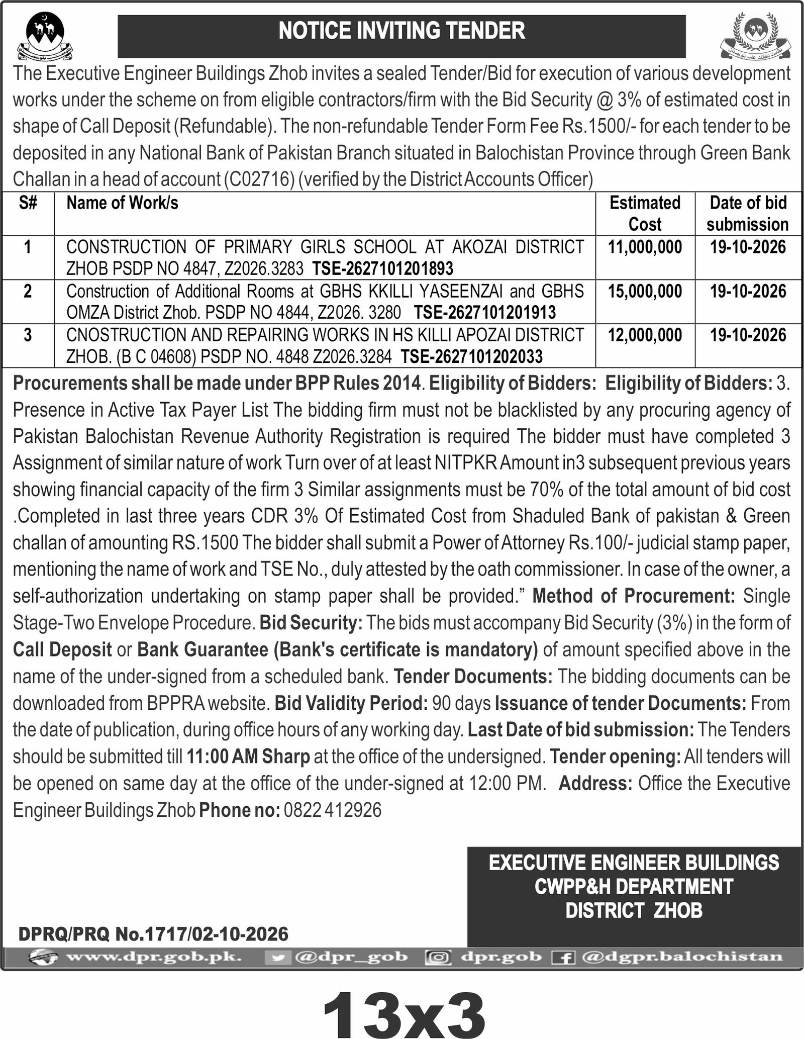 NOTICE INVITING TENDER
